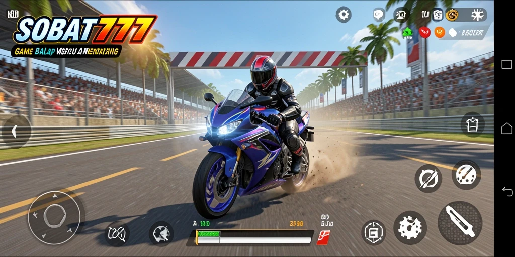 Screenshot gameplay SOBAT777 menampilkan aksi balap motor yang mendebarkan.